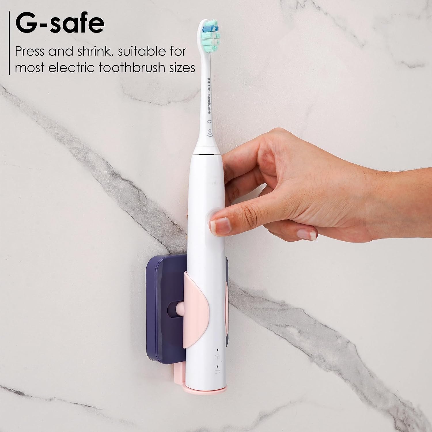 2 Pack Electric Toothbrush Holder Wall Mounted, Gravity Auto-Clamp Stand with Drain, Cute Adhesive Bathroom Organizer for Dorm, Universal Fit (Purple & Pink) image 4