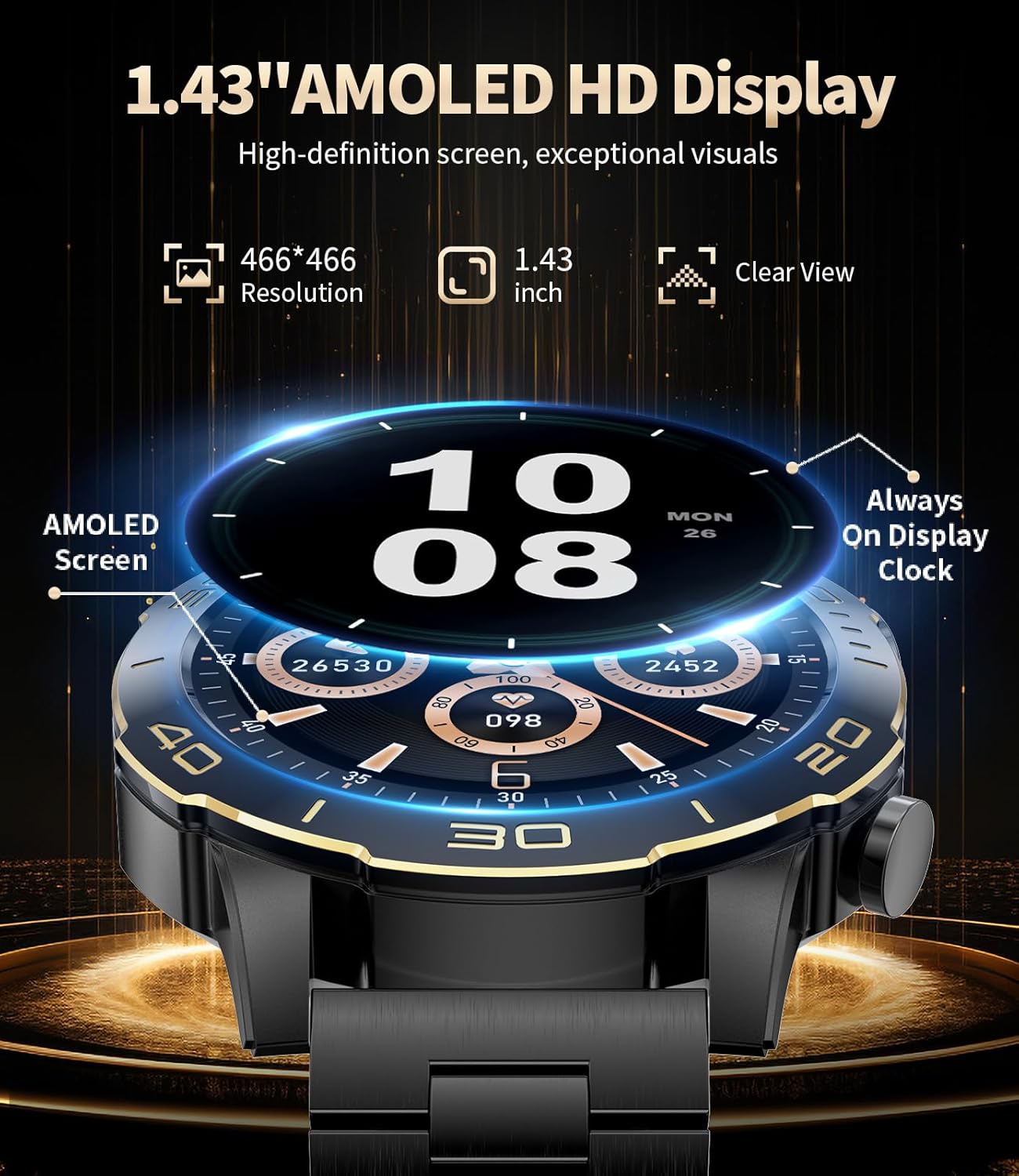 TX7 Luxury Smart Watches for Men, 800mAh Battery, 1.43" AMOLED Screen Fitness Tracker, 100+ Sports Mode/Pedometer/IP68 Waterproof Mens Smart Watch, Military Smartwatch for Android iOS, Black