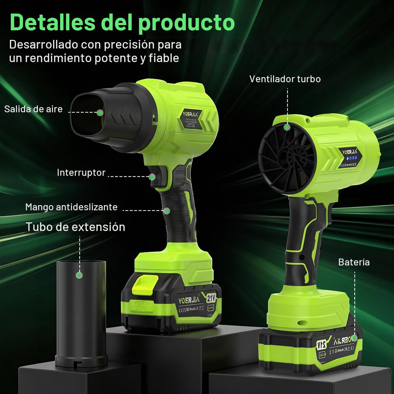 VOERJIA Soplador de hojas con batería de 21 V con 2 baterías de 4000 mAh y cargador, soplador de mano ligero y limpiador de polvo, 3 niveles de regulación continua, boquilla dual para jardín, terraza