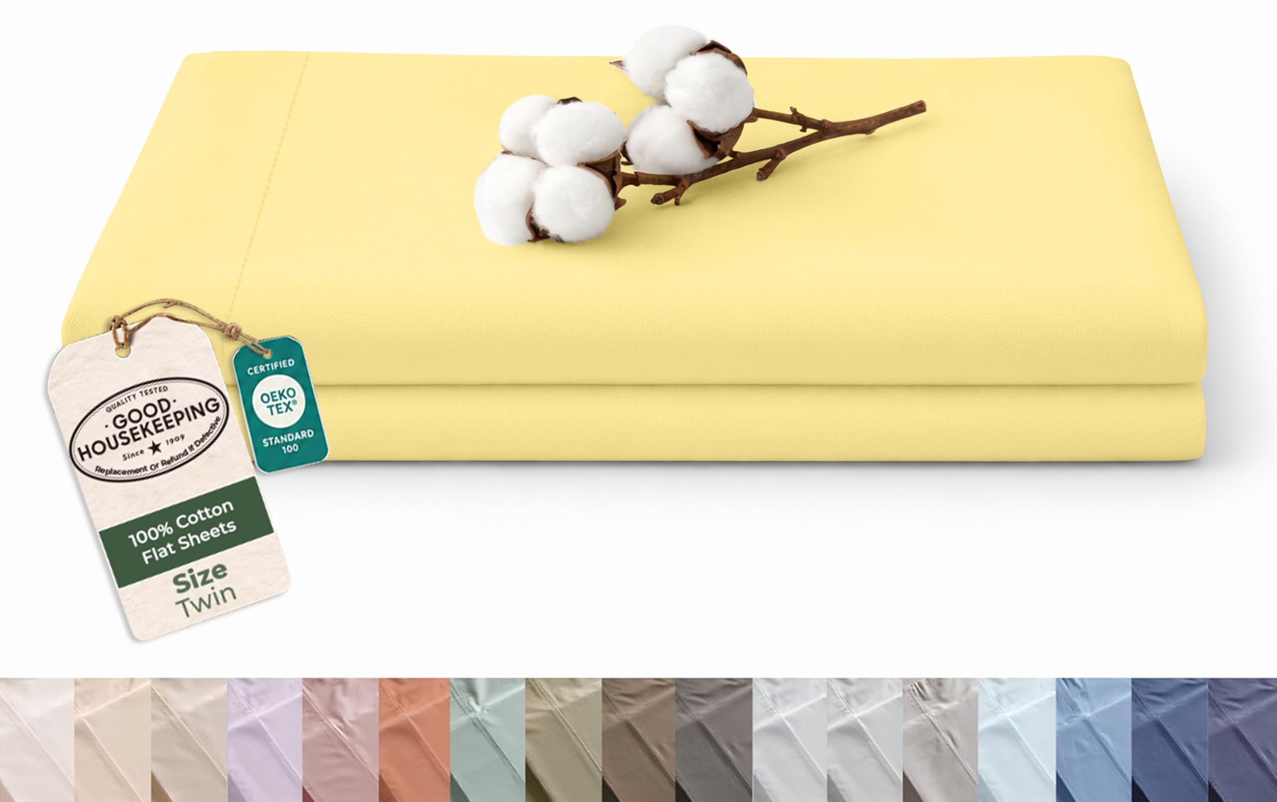 Royale Linens 100% Organic Cotton Twin Size Flat Sheet Only - Percale Top Sheets - Twin Flat Sheet Sold Separately - Lightweight &amp; Super Soft 100% Cotton Yellow Bed Sheets Only (66" x 96", Yellow)