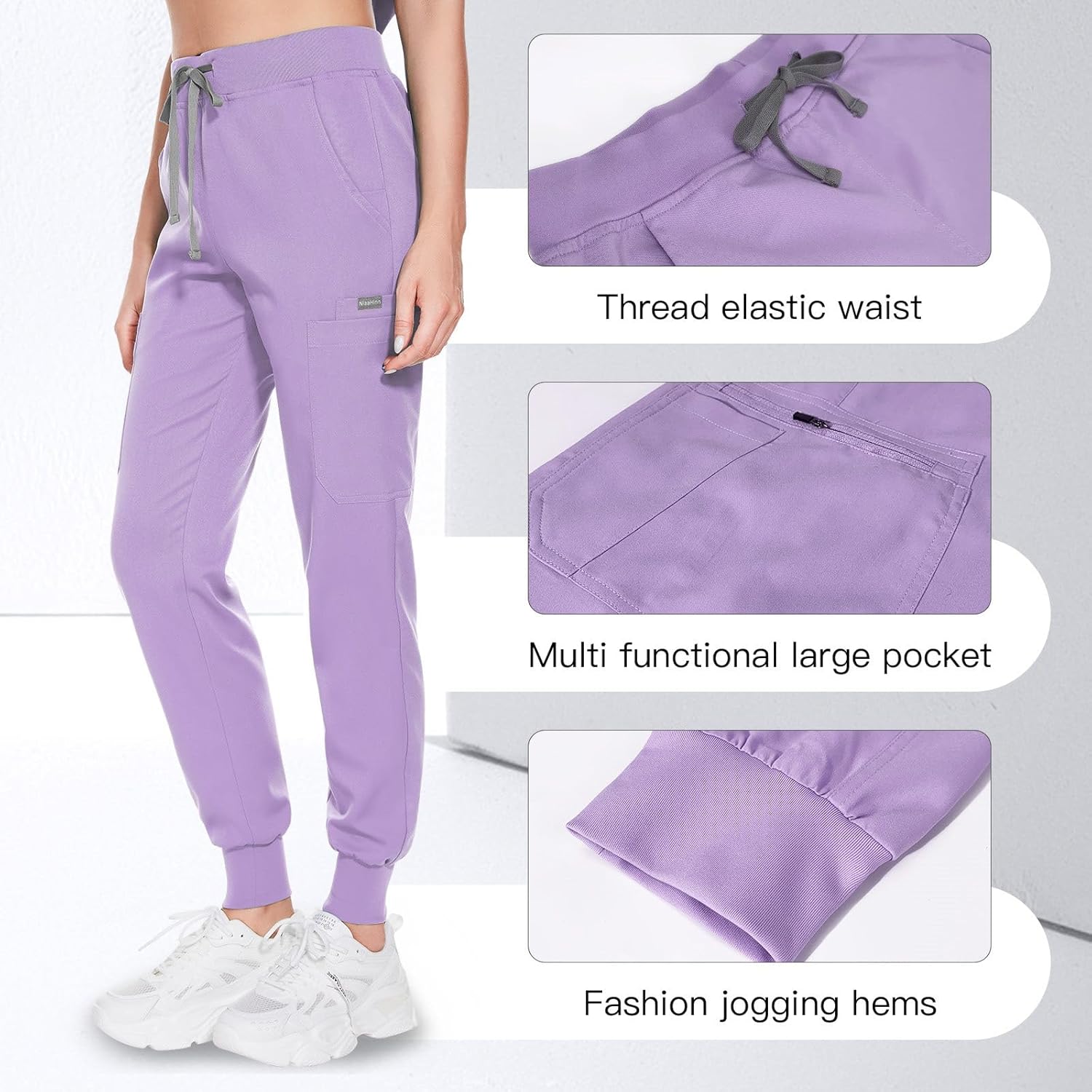 Women's Scrub Pants - Elastic Waist Pants for Women 8 Pocket Joggers Pants Stretch Nurse Scrubs Bottoms - Image 4