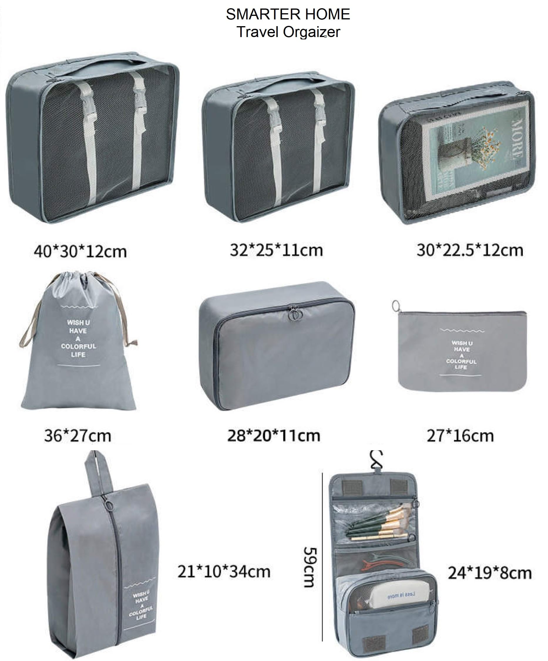 SMARTER HOME™ 8-Piece Grey Travel Organizer Set: Waterproof Durable Zippers Lightweight Design Packing for Clothes Shoes Toiletries Streamlined Organization for Hassle-Free Journeys Travel Experiences