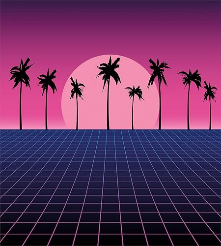 Miniatura 2 de Ambesonne Synthwave - Juego de funda de edredón, suelo de cuadrícula retro con siluetas de palma y diseño de vibraciones de vapor de los años 80,