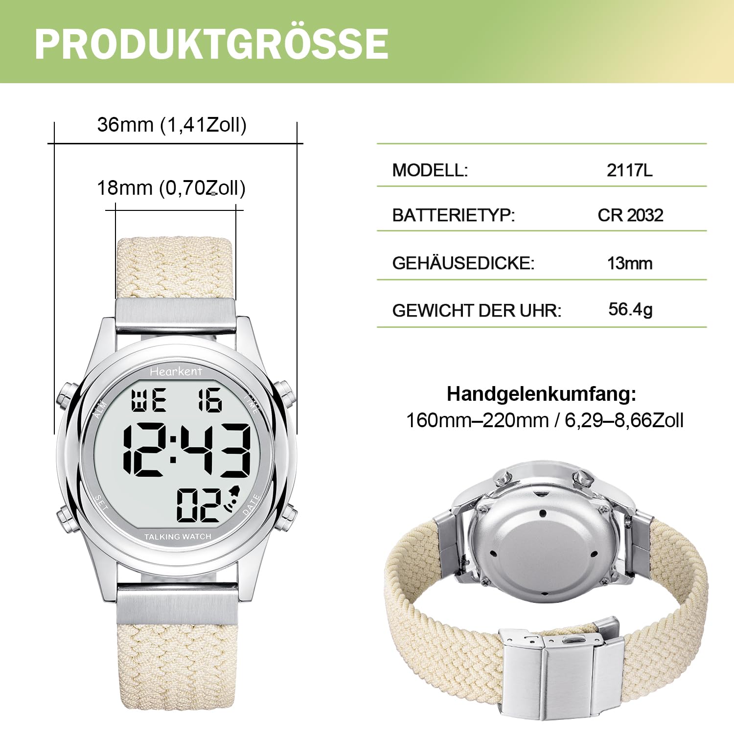 Hearkent Orologio digitale parlante da donna con voce tedesca piacevole LCD grandi numeri orologio per ipovedenti, anziani o ciechi