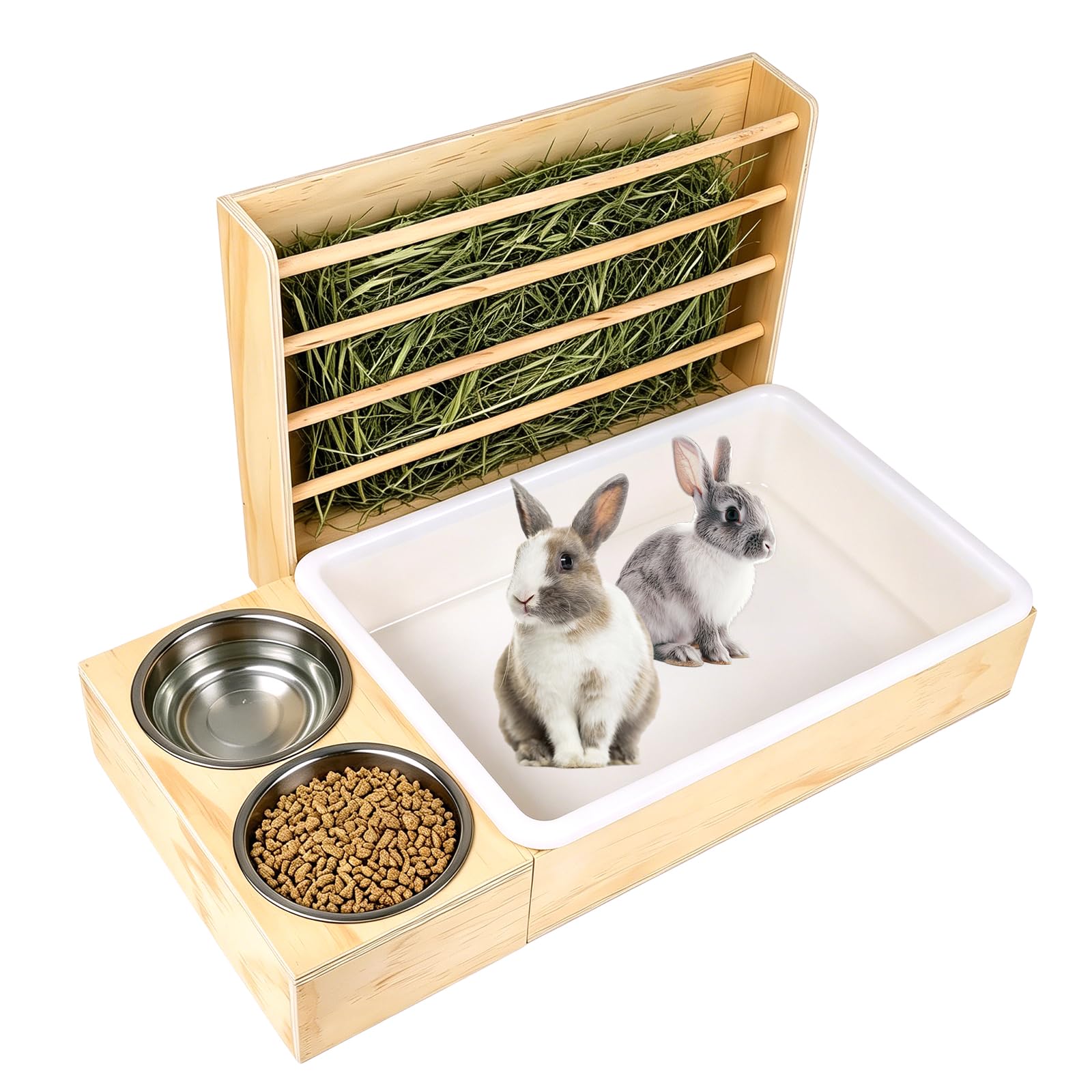 Mangeoire À Foin 3 en 1, Râtelier À Foin en Bois avec Bac À Litière Et Bols À Nourriture, 47 * 28 * 28cm Grand Râtelier À Foin, Distributeur De Foin pour Lapin pour Lapin, Hamster, Cochon d'Inde