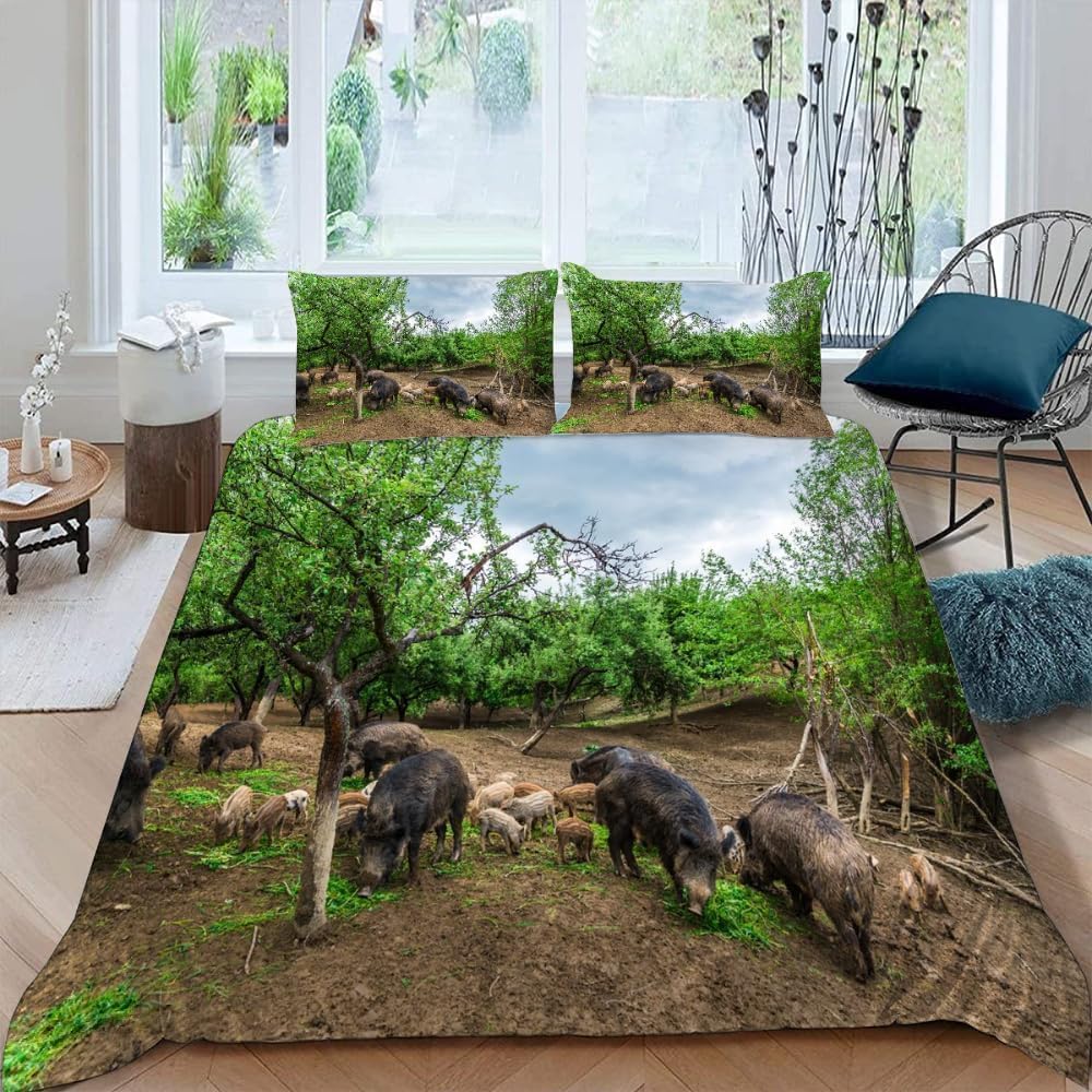 Housse Couette 1 Personne Sanglier Parure Lit Cochon pour Chambre Chasseur 160x200