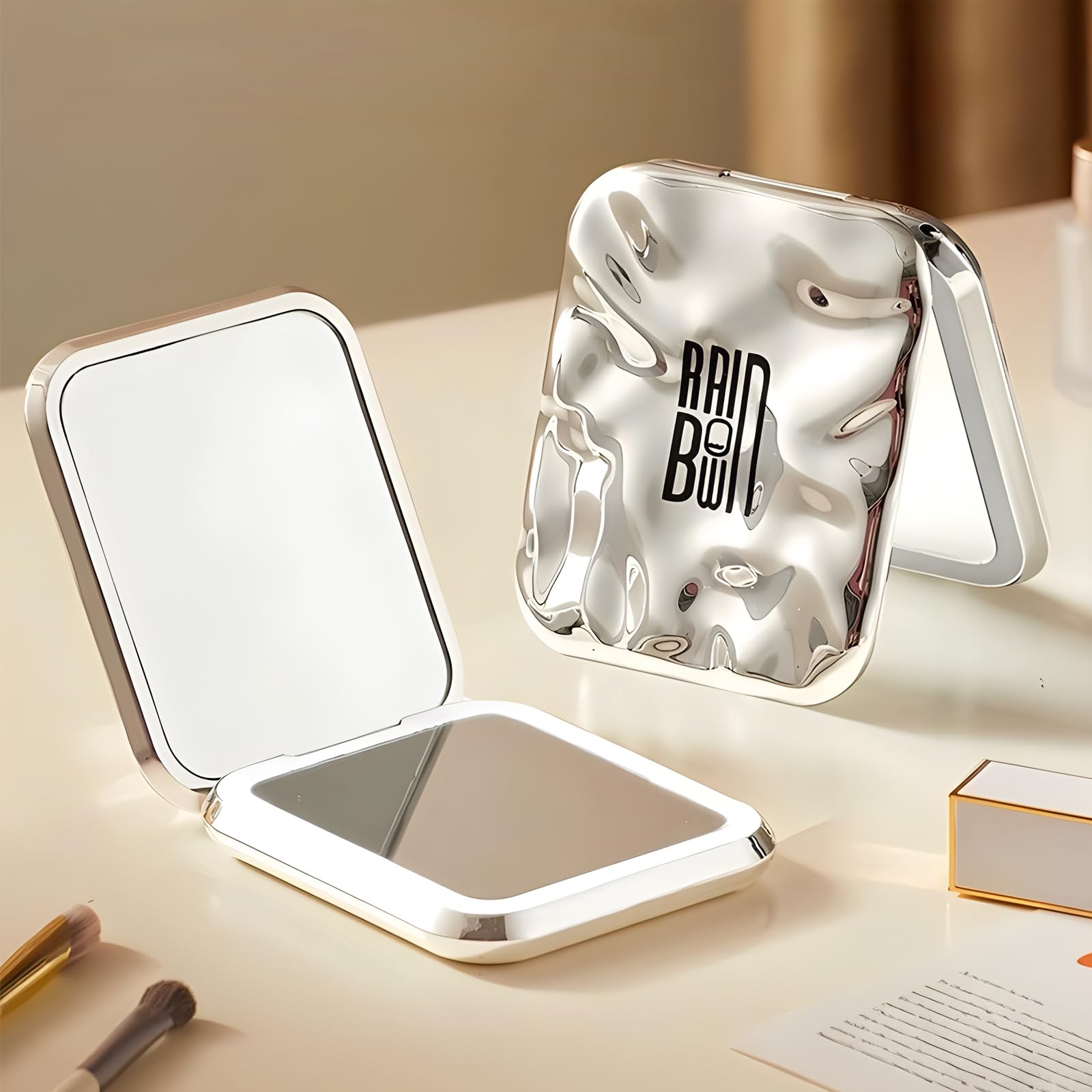 Baoly Compact Mirror,LED Lighted Travel Makeup Mirror with 1X/2X Magnifying Double Sided Dimmable Portable Pocket Mirror for Handbag, Purse, Pocket, 3.5 inch Illuminated, Folding, Handheld,Silver