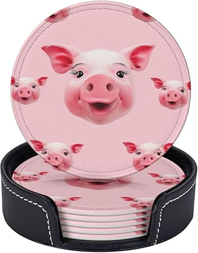 Miniatura 2 de Juego de 6 posavasos de cuero con estampado de cara de cerdo rosa, impermeables, resistentes al calor, alfombrilla redonda con soporte para sala de