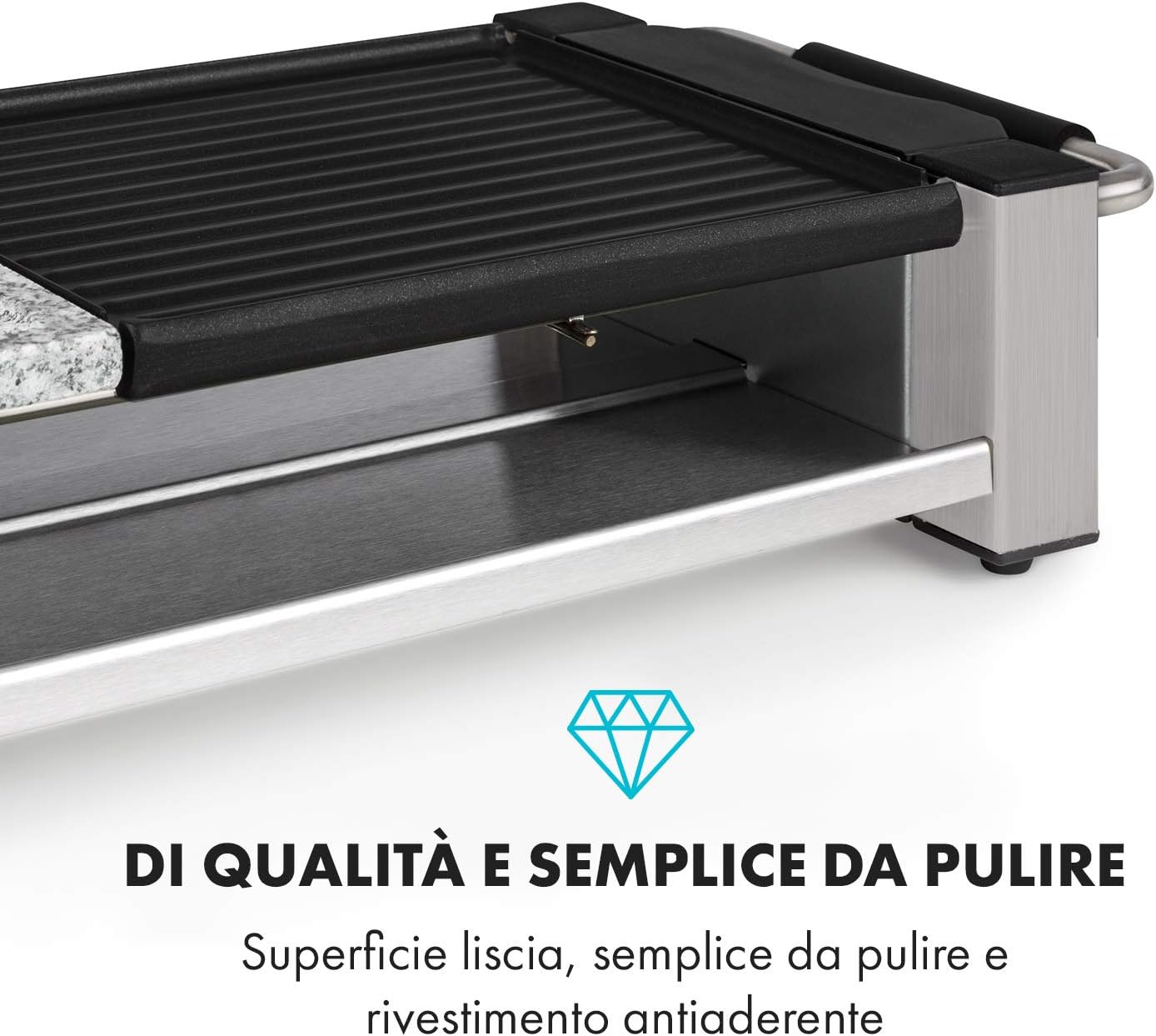 Klarstein Bistecca - Griglia per Raclette, 1200W, 2in1: Piastra in Metallo Antiaderente Piastra in Pietra, Elemento Riscaldante in Acciaio Inox, Termostato Regolabile, per 8 Persone, Argento Klarstein Bistecca - Griglia per Raclette, 1200W, 2in1: Piastra in Metallo Antiaderente Piastra in Pietra, Elemento Riscaldante in Acciaio Inox, Termostato Regolabile, per 8 Persone, Argento