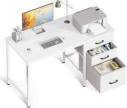 Coleshome Computer Desk with Drawers, 100×48cm Office Desk with Storage, Reversible Small White Desks for Home Office