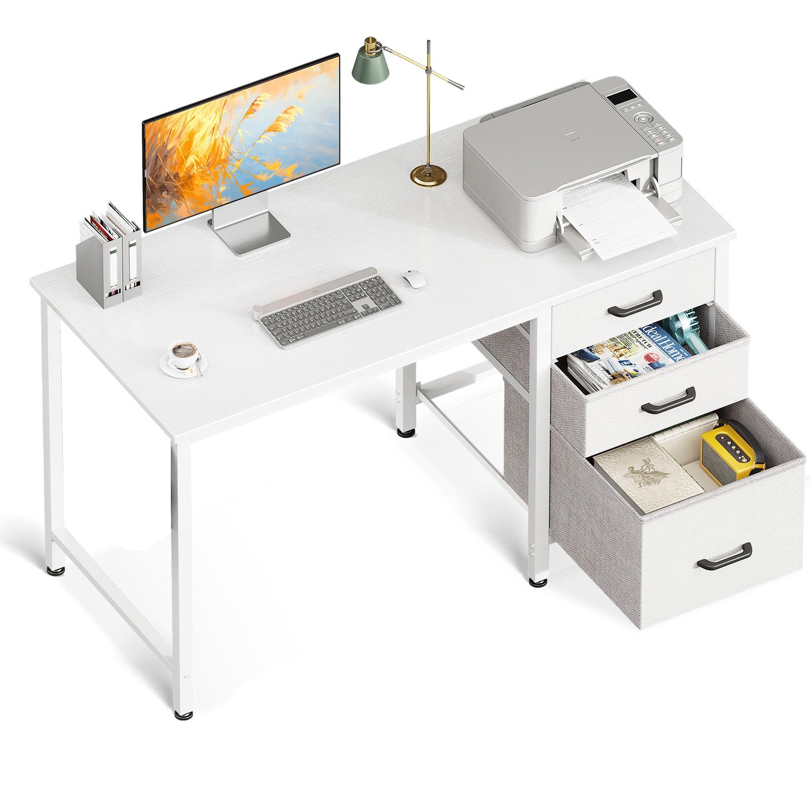 Coleshome Computer Desk with Drawers, 100×48cm Office Desk with Storage, Reversible Small White Desks for Home Office