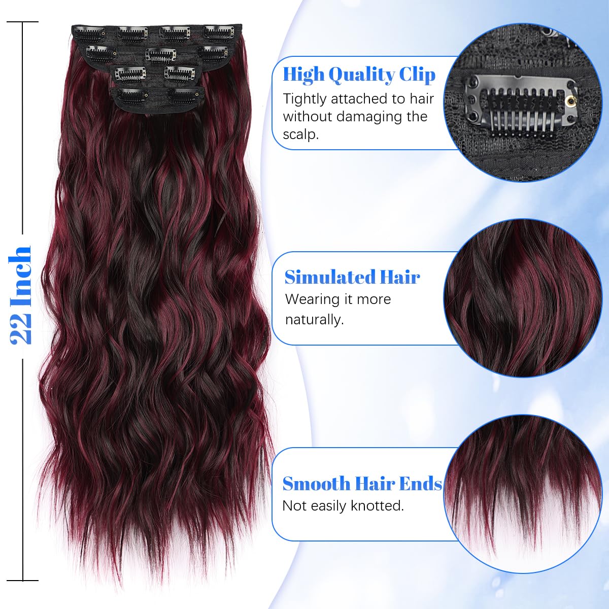 JIAMEISI Clip in Hair Extensions 4PCS Full Head Long Wavy Hair Extensions Synthetic Fiber 22 Inch 200g Clip in Thick Hairpieces for Women/Girls (#118/4 Dark Brown Mixed Burgundy) - Image 3