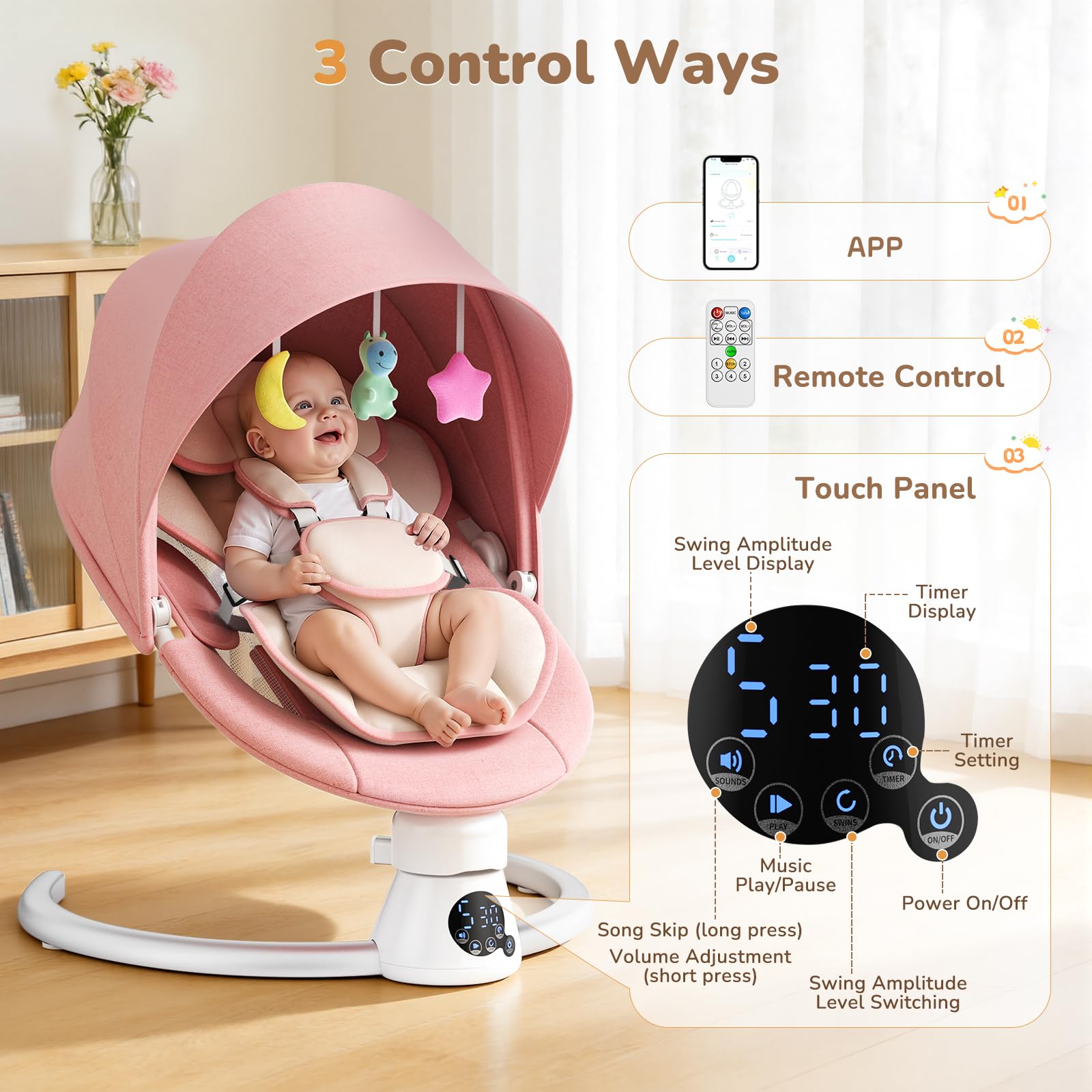 Transat Bébé Électrique avec Dossier Réglable sur 2 Niveaux – Application et Télécommande Balançoire Électrique pour Bébé, 12 Sons et Prise en Charge Bluetooth, 2 Options D'alimentation (Rosa)