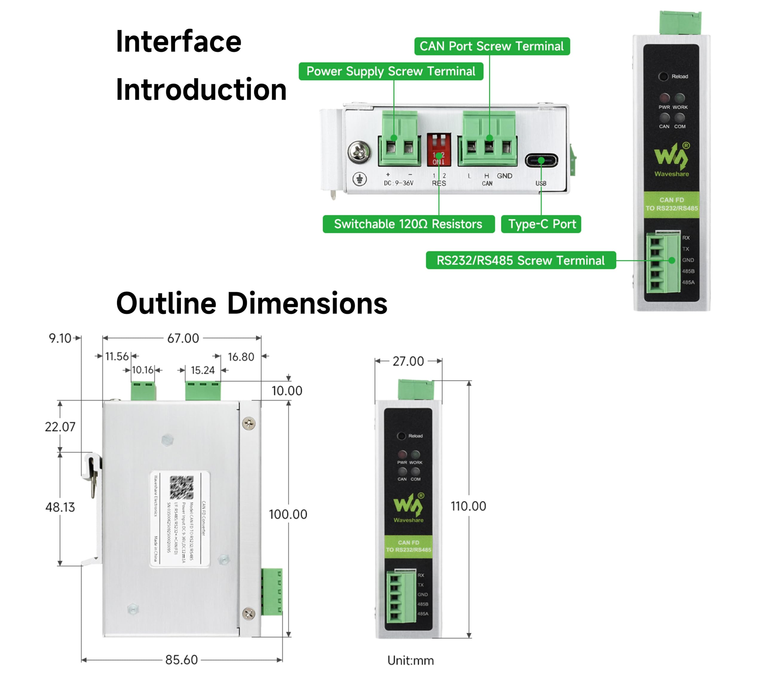 Convertidor industrial CAN FD, CAN FD a RS232/RS485 comunicación de datos bidireccional, soporta 5 modos de conversión de datos y protocolos CAN 2.0A/2.0B, soporte de montaje en riel
