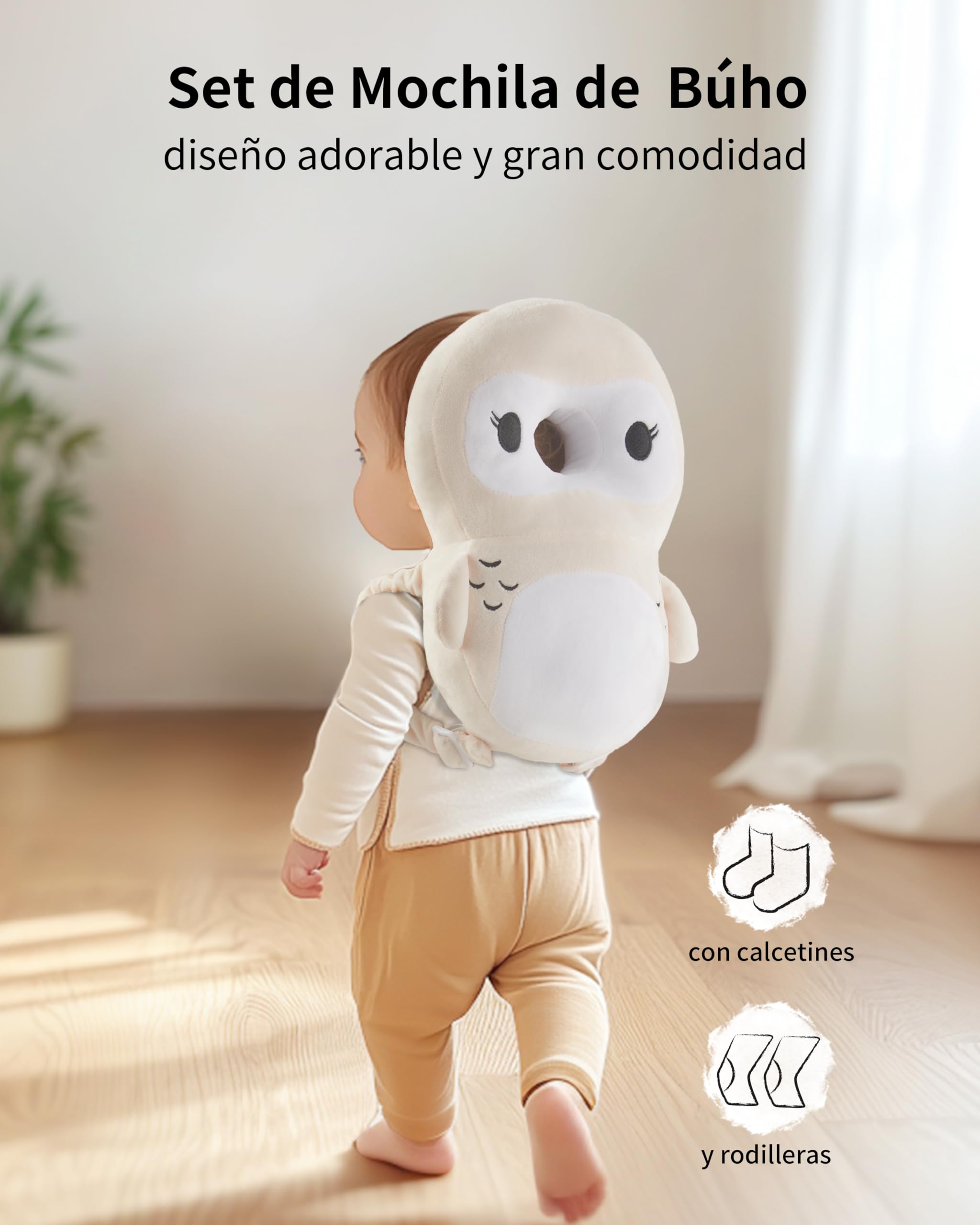 Fortella Mochila de Protección para Bebé, Protector de Cabeza Anticaida Ajustable, Cojin de Seguridad para Caminar, Cascos Bebe, con Rodilleras y Calcetines, Ideal para Gateo Soporte, 5–24M,Búho Beige