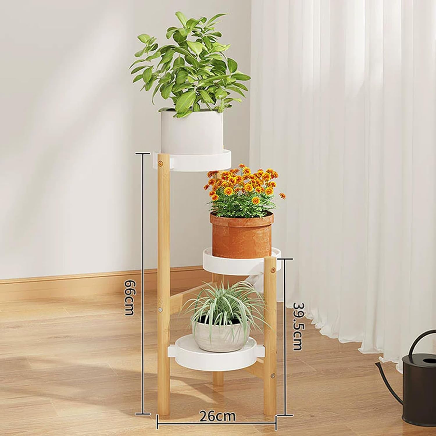 MJKQ9 フラワースタンド おしゃれ 白 3段 花台 竹製 鉢スタンド 植木鉢台 トレイ付き 室内 ベランダ 玄関 フラワーラック