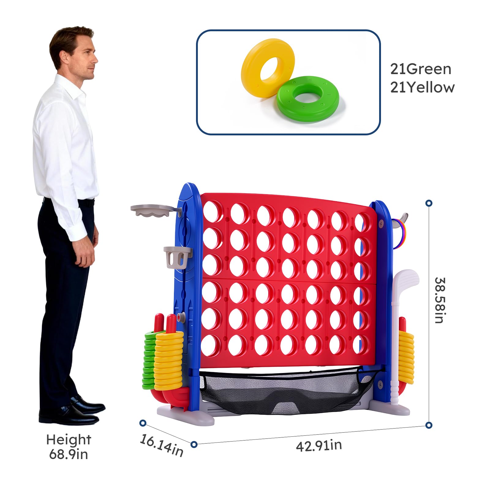 IDEALHOUSE Jeu géant 4-en-ligne portable – Plateau réglable en hauteur – Glissière rapide – 42 anneaux – Pour enfants et adultes, intérieur/extensionérieur, fêtes, famille – Compatible Quatre en ligne