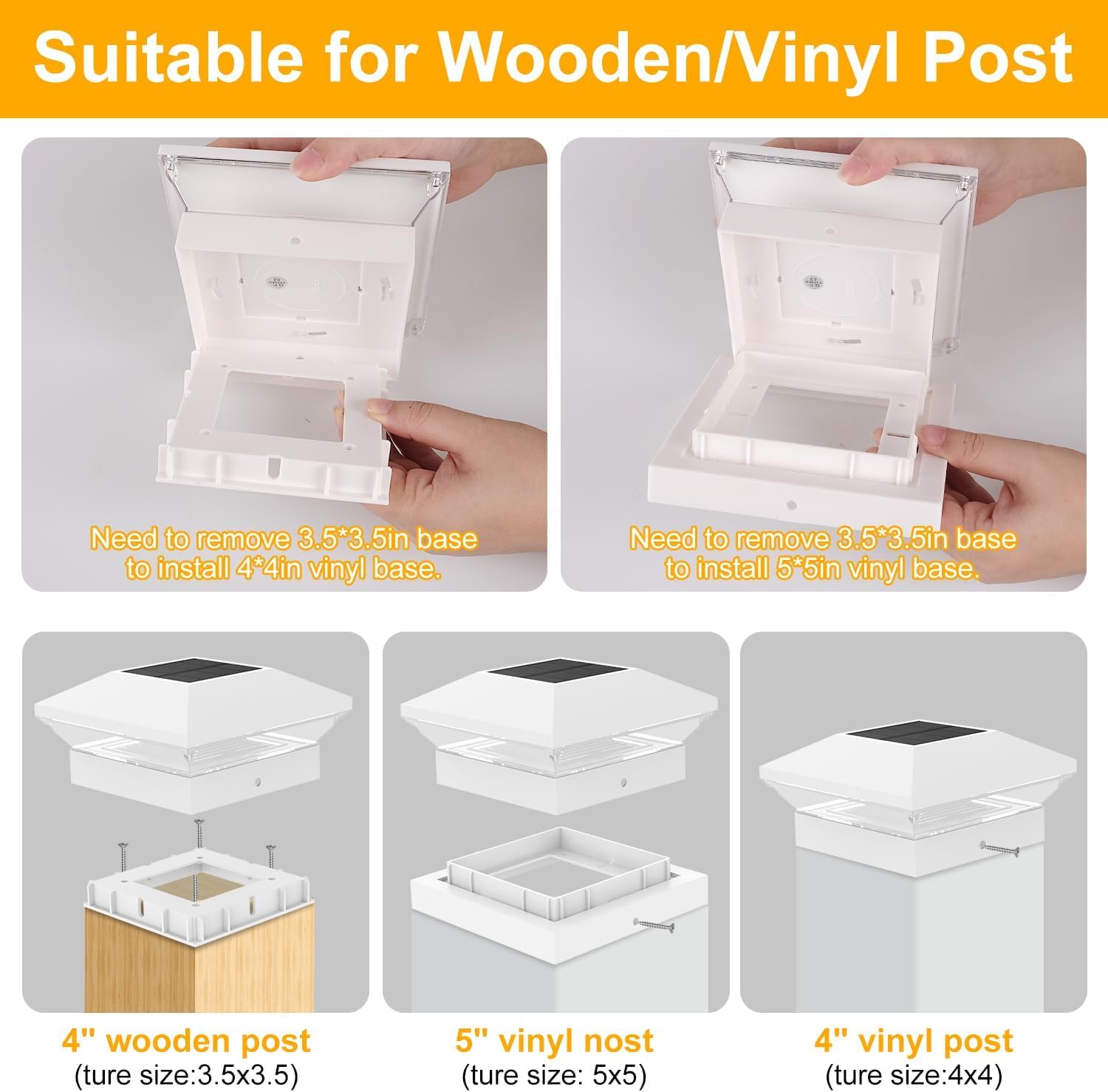 NATPOW Farola Solar de Poste 9x9cm,10x10cm,12x12cm, 4 Piezas 3000K/6000K Luces Solares para Poste, Luz Solar para Postes Exterior IP65 Resistente para Valla, Puerta, Camino de Entrada, Jardin, Blanco