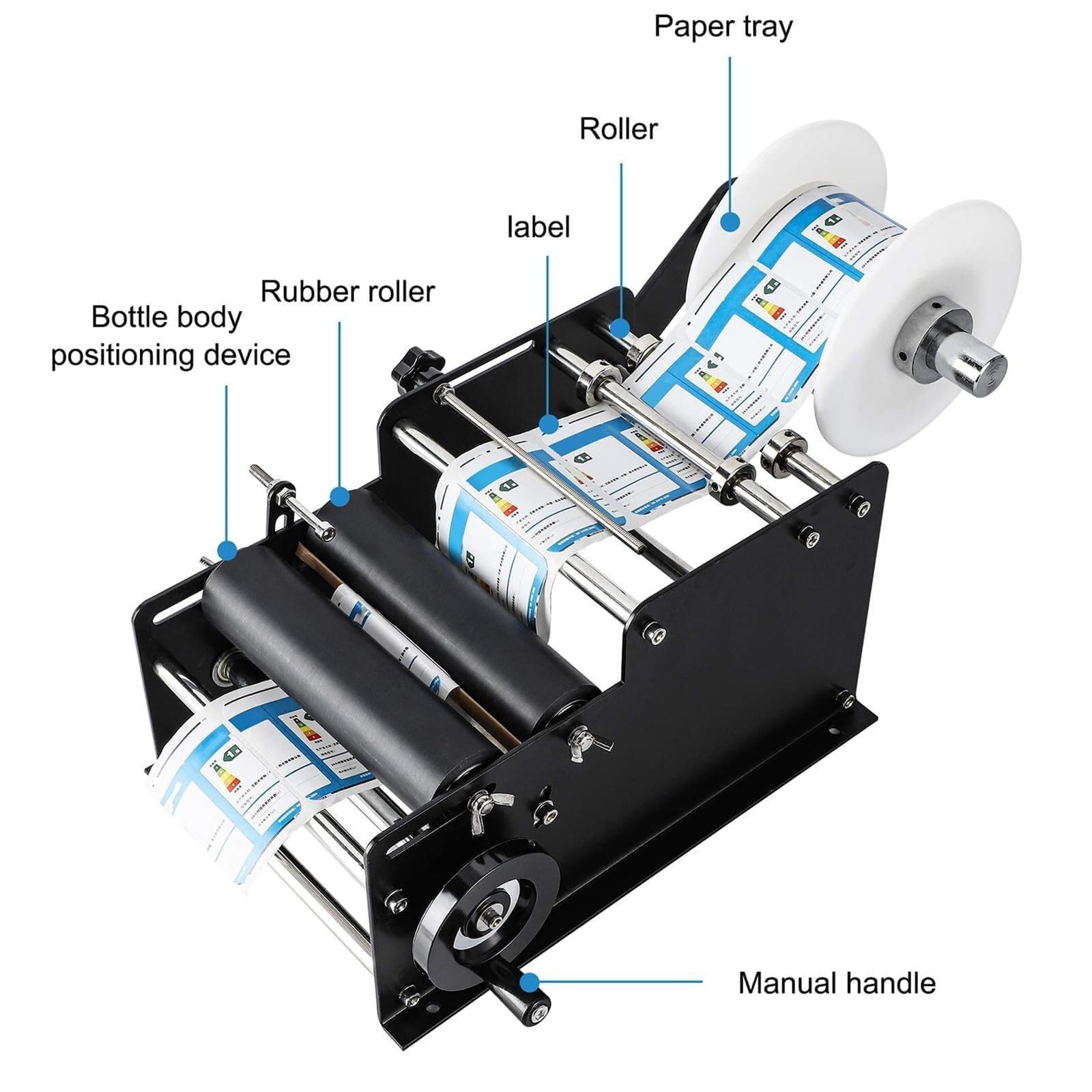 Etichettatrice manuale per bottiglie rotonde - Applicatore semiautomatico regolabile, velocità 30 etichette/min, compatibile con etichette larghe 10-110 mm e lunghe 10-300 mm