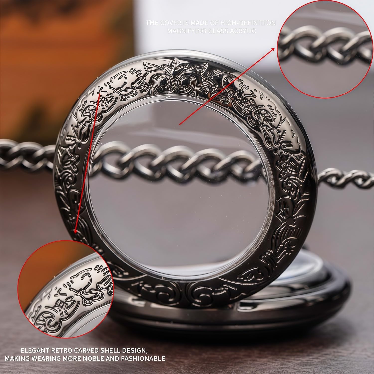 Orologio da tasca meccanico serie Sun-God-Bird, nero, per uomo e donna, lente d'ingrandimento speciale, mezza cassa incisa, numeri romani con catena