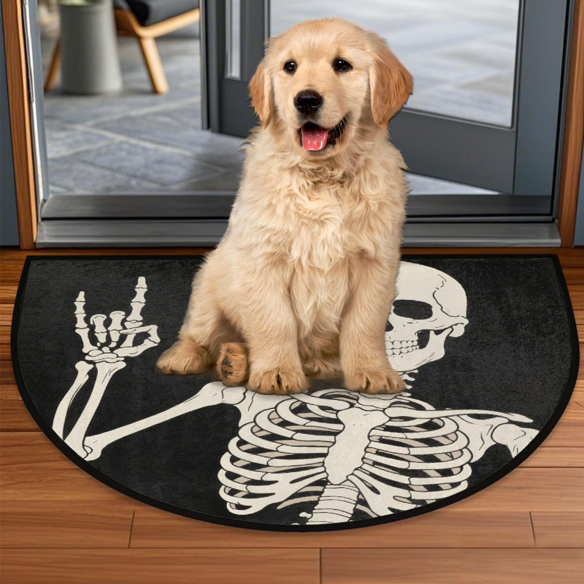 Half Round Door Mat - Indoor Outdoor Skeleton Art Half Circle Rug for Entryway, Bathroom, Kitchen, Living Room - Washable Non-Slip Half Moon Mat for Bedroom, Hallway, Toilet, Classroom
