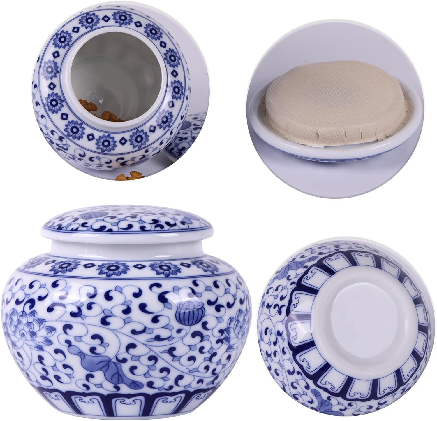 Traditional Chinoiserie Round Ginger Jars Blue and White Porcelain Series Ceramic Storage Jars with Sealed Lids,for Home/Kitchen/Dining Table Decoration (Leaves Jar)