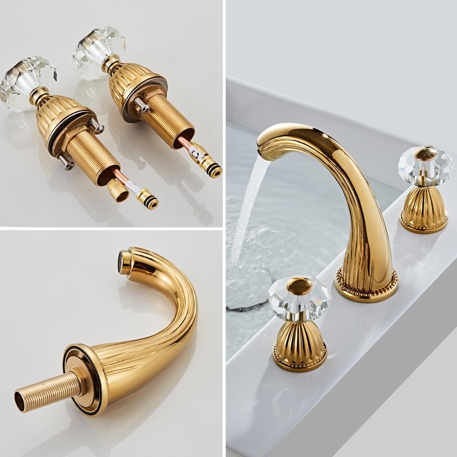 Gold Bathroom Faucet Antique Brass Three Holes Widespread Crystal Handle Bathroom Sink Faucets Retro Vintage Lavatory Vanity Faucet - Image 3