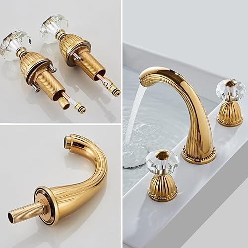 Miniatura 3 de Grifo de Baño Dorado de Latón Antiguo de Tres Agujeros con Mango de Cristal Grifo de Lavabo de Baño Retro Vintage Grifo de Lavabo de Tocador