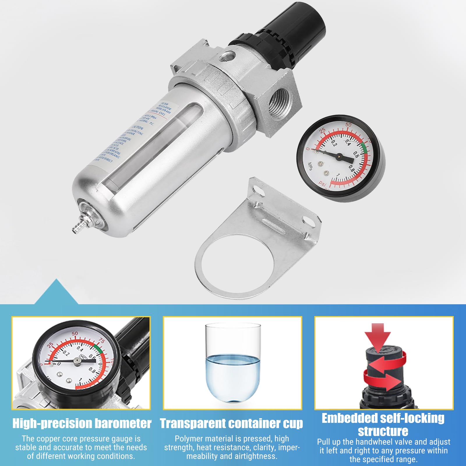 1/2" BSP Filtre Régulateur d'Air Comprimé, Regulateur de Pression d'air Filtre Compresseur Dair Détendeur d'air comprimé filtre à air Séparateur d'eau Réducteur de pression Avec Manomètre