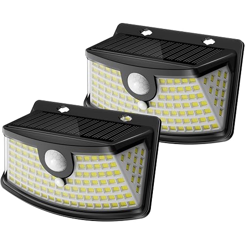 Aootek New Solar Motion Sensor Lights 120 LEDs with Lights Reflector,270° Wide Angle, IP65 Waterproof, Step Lights for Front Door, Yard, Garage, Deck (Black, Daylight White, 2-Pack)