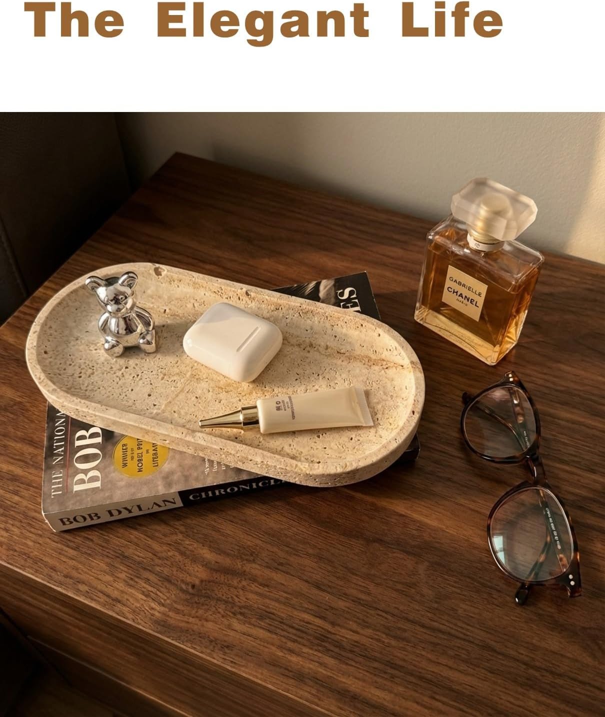 100% Natural Travertine Stone Tray for Perfume, Jewelry, Candle & Trinket Holder – Light Beige Stone Vanity Organizer for Bathroom, Coffee Table, or Living Room, 10"x5", Non-Resin/Ceramic