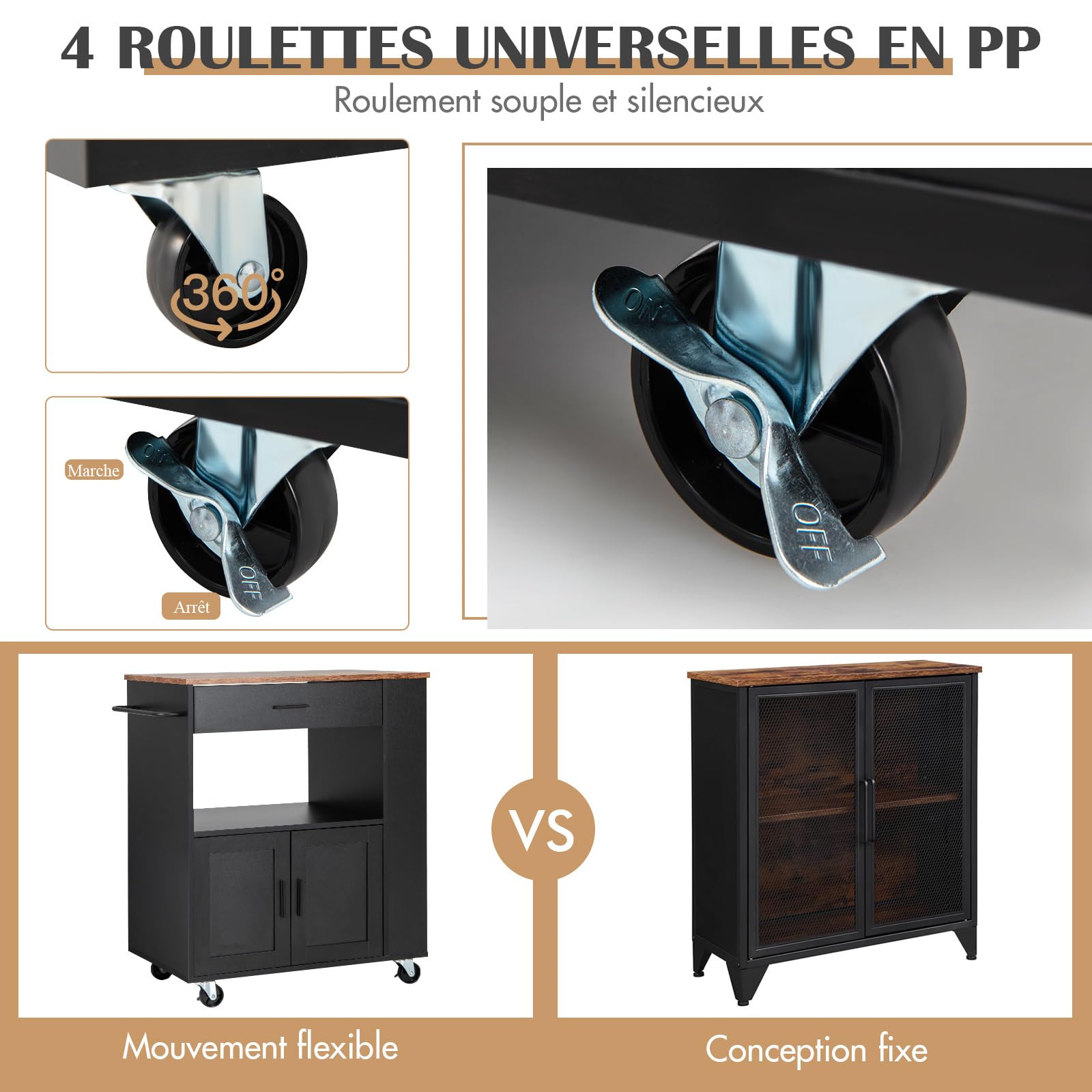GOPLUS Desserte à roulettes, Chariot Cuisine Rangement avec Placard, Armoire, Support à Épices 3 Niveaux et Porte-Serviettes, Meuble Rangement pour Cuisine, 82 x 50 x 92 cm (Noir+Brun, Moderne)