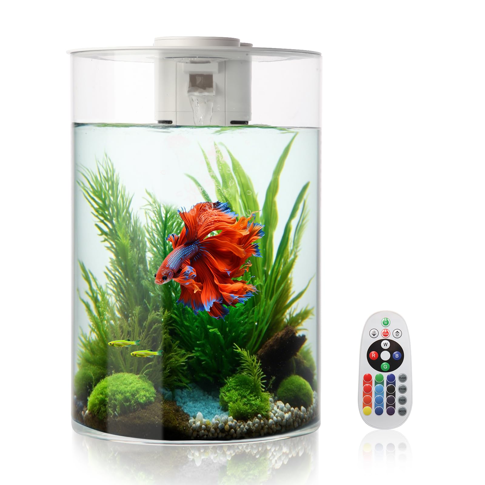 Aquarium, Petit Aquarium 11L/3 gallons avec Filtre et éclairage LED (17 Couleurs au Choix), 360° Fish Tank pour Petits Poissons et Poissons Betta, la Maison, Le Bureau et Les Cadeaux