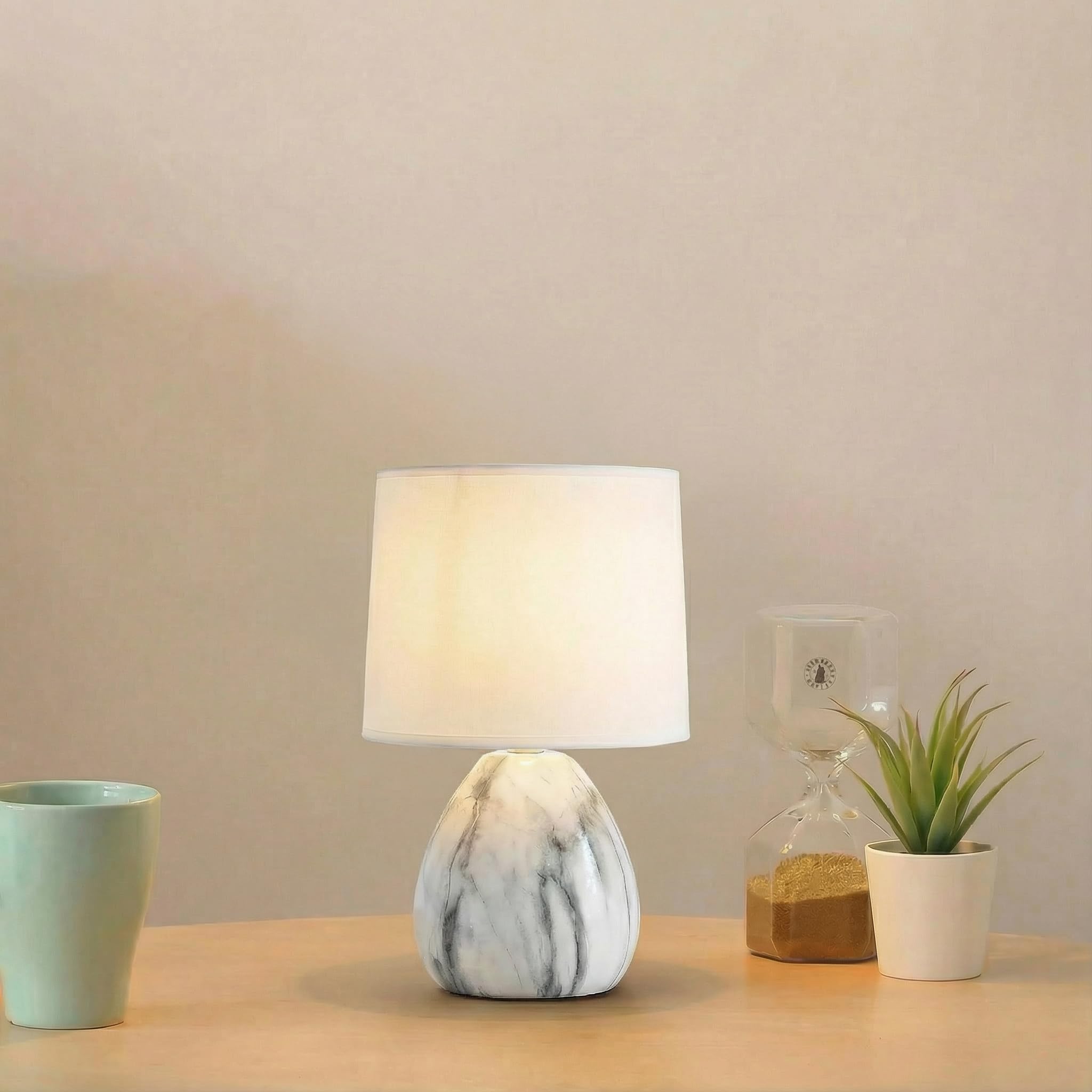 Decor & More – Modern Ceramic Base Bedside Table Lamp | Table Lamps for Home Decoration and Bedroom Decor with On/Off Button | Mini Night Lamp with Cotton Fabric Shade (Bulb not Included)