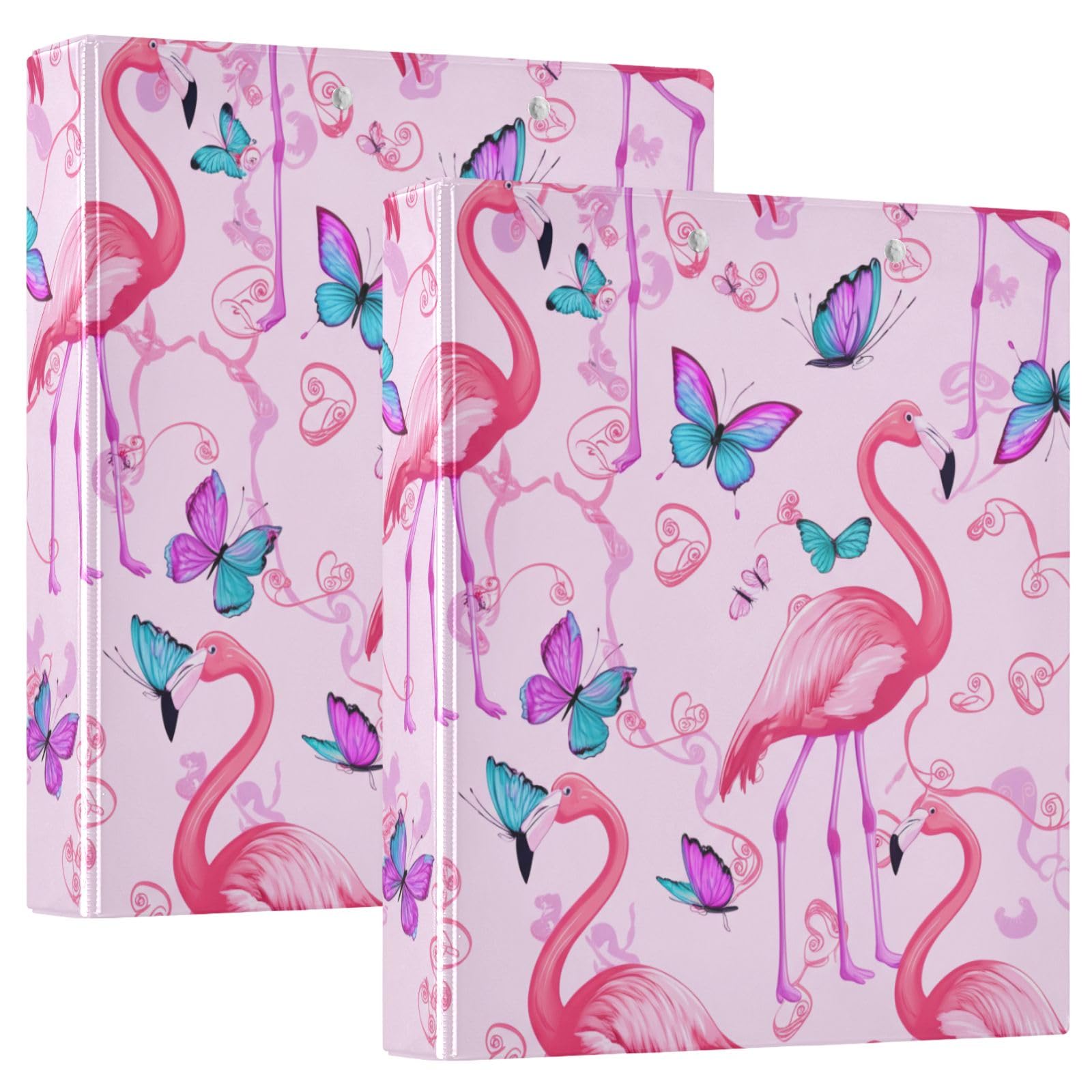 Raccoglitore decorativo a 3 anelli, 3 anelli, 3,8 cm, con clip antiscivolo, per forniture scolastiche, graziose farfalle, fenicotteri, rosa, confezione da 2