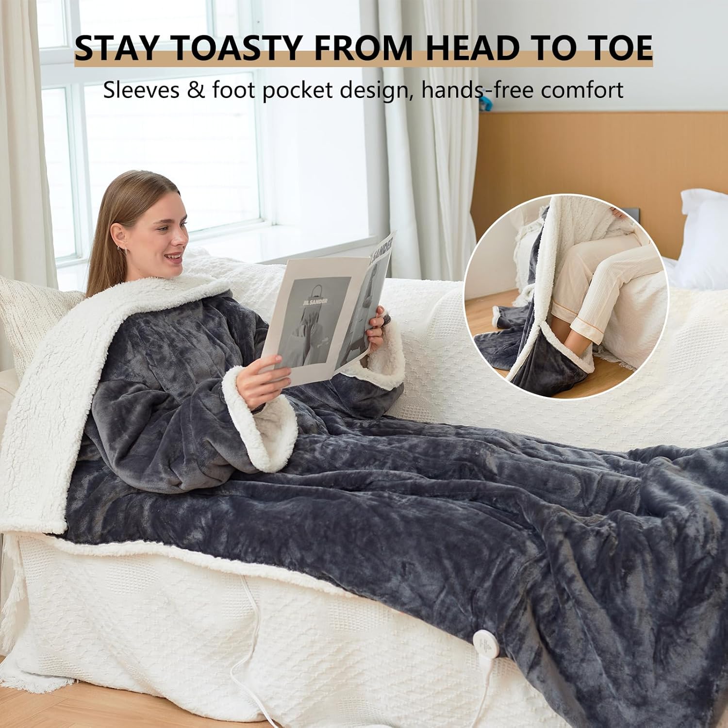 Heated Blanket Wearable Electric Blanket with Heated Foot Pocket, Portable Heated Blanket with Sleeves Flannel & Sherpa Heating Blanket with 6 Heating Levels & 1-10 Hour Timer, 51" * 71"+18", Grey - Image 7