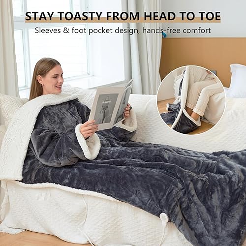 Miniatura 9 de Spetime Manta térmica eléctrica, manta envolvente de cuerpo completo con mangas, calentador de bolsillo para los pies, 6 niveles de calefacción y
