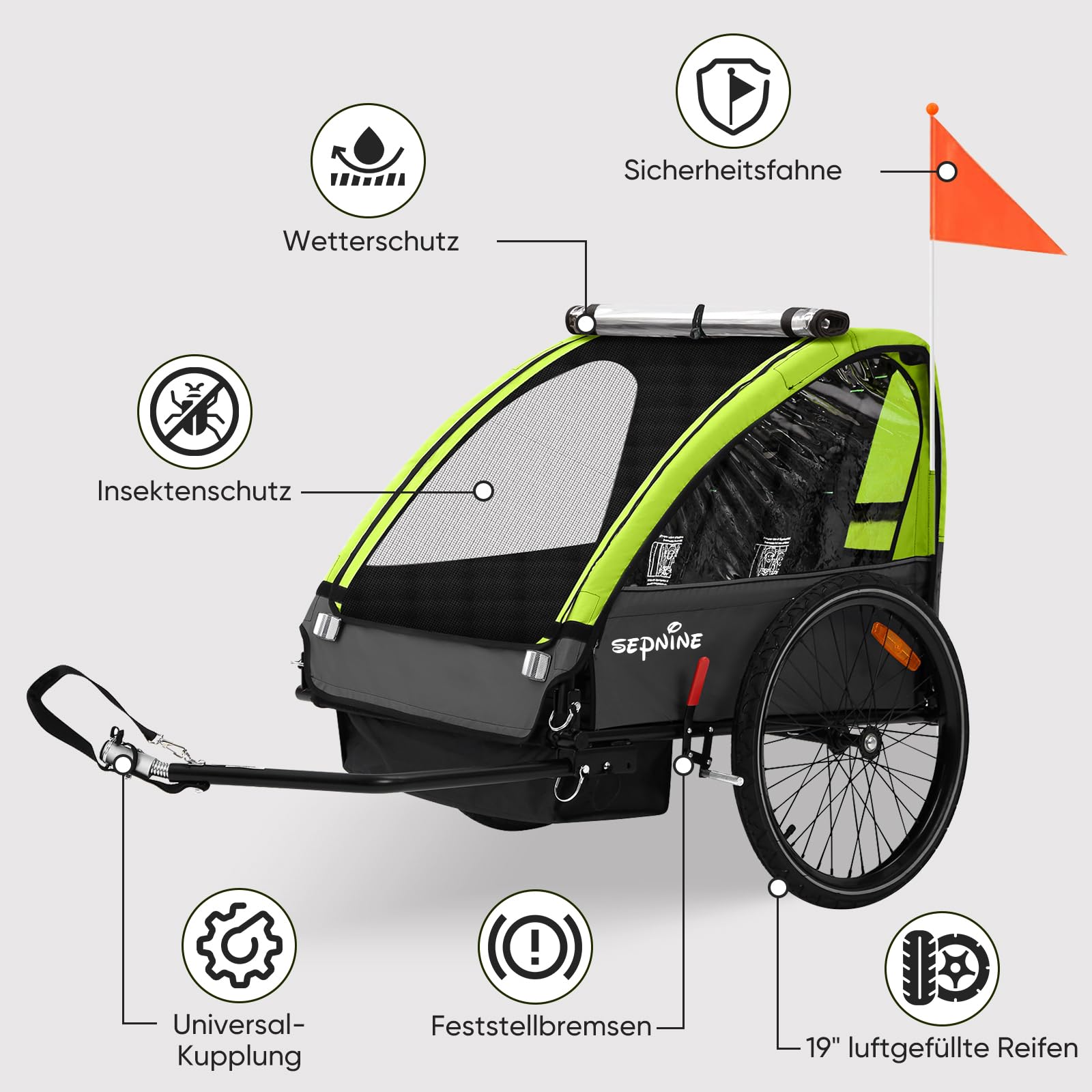 SEPNINE Kinderanhänger für Fahrrad, Fahrradanhänger für 1-2 Kinder, mit 5-Punkt-Sicherheitsgurt, Luftreifen, Handbremse, Faltbar, Max. 40 kg (Grün)