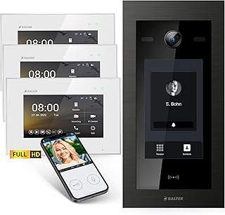 Balter EVO-HD Video Türsprechanlage mit Touchscreen Türstation, Video Türklingel, Smartphone App, 1 Familienhaus, 3X 7 Zoll Monitore, Türklingel mit Kamera Full HD, 2 Draht Bus, 175° Weitwinkel, RFID