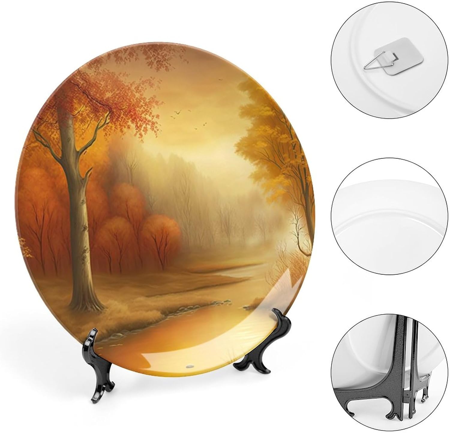 Autumn Decorative Plates, Fall Season Forest Maple Tree & River Painting Display Plate for Home Wall Office Kitchen Table Decor Porcelain Plates 6 Inch, Thanksgiving Gifts