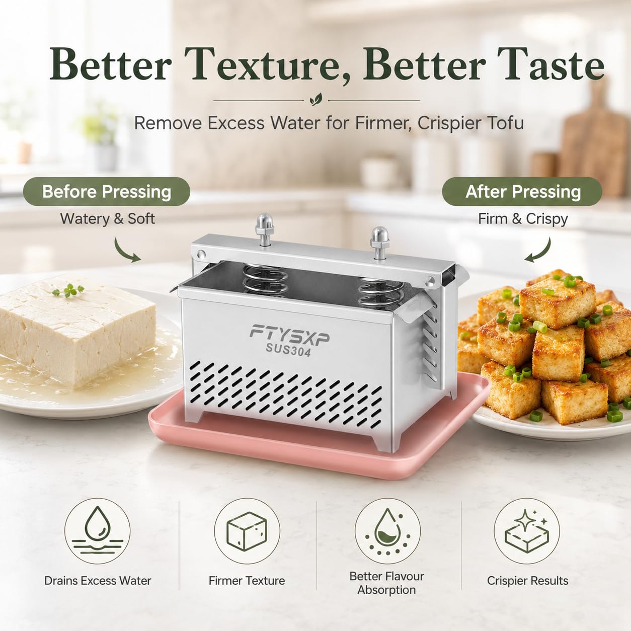 Tofupresse – 304 Edelstahl Käsepresse, Paneer machen und vegetarische Tofupresse, starker Druck verstellbar, BPA-frei, spülmaschinenfest für Tofu-Maker und Paneerpresse (16 x 14 x 13 cm)