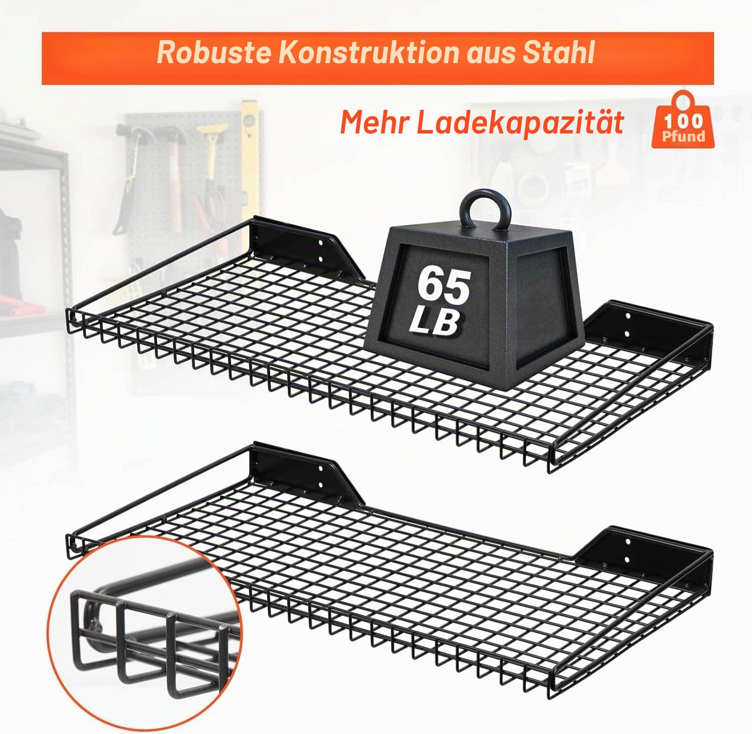Wallmaster Garagen-Wandregal, 2 Stück, 59,9 x 30 cm, Wandhalterung, robuste Metallregale, Netz-Aufbewahrungsregal für Garage, Büro, Keller und Küche, maximale Traglast 29,5 kg (schwarz)
