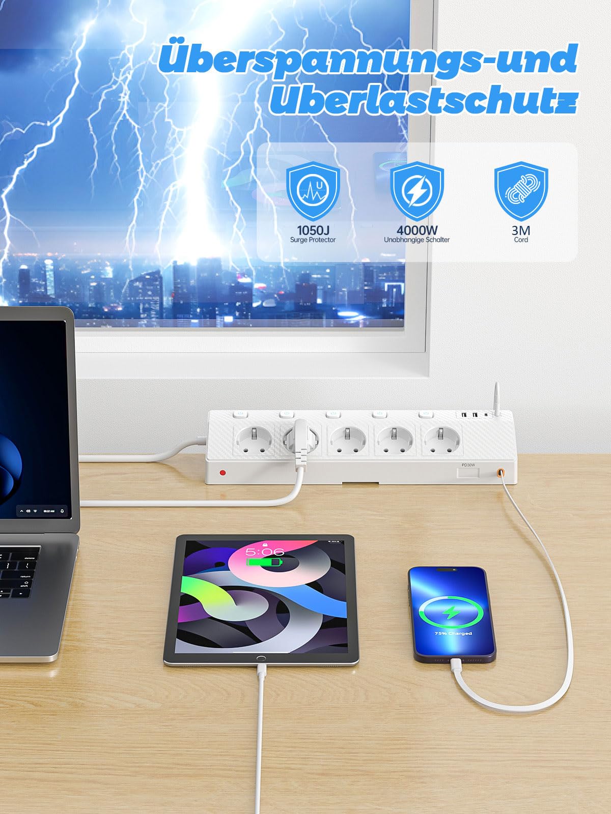 Ciabatta elettrica da tavolo con morsetto USB PD 30 W, 5 prese, multipresa da scrivania con protezione da sovratensione e commutabile singolarmente, presa angolare 10 in 1 con cavo da 3 m, bianco
