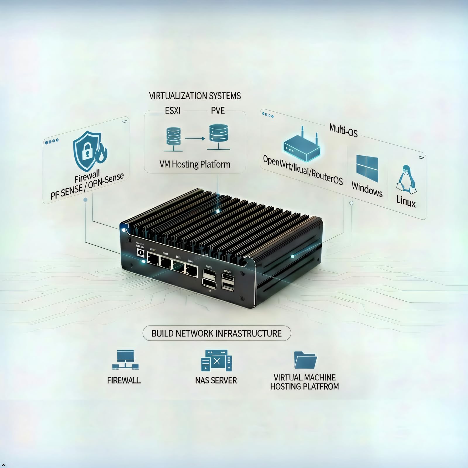 Firewall-Appliance, N150 Mini PC/router soft con 4X porte I226-V 2.5G | HDMI DP 4K, 6W TDP, barebone senza RAM SSD, adatto per pfSense, OPNsense, PVE, ESXi, uso domestico o aziendale