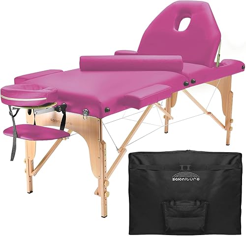 Saloniture Mesa de masaje portátil profesional con respaldo - rosa intenso