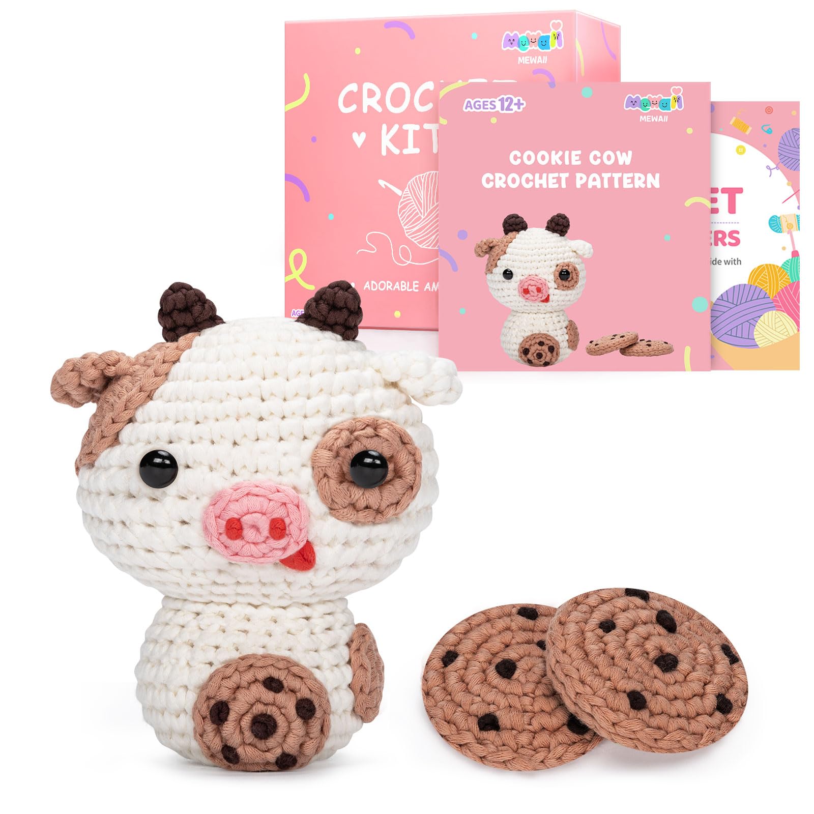 Mewaii Crochet Kit for Beginners Level 2 with 40% Extra Eco-Friendly Pre-Started Easy Yarn, Step-by-Step Video Tutorials for Adults and Kids (Cookie Cow)