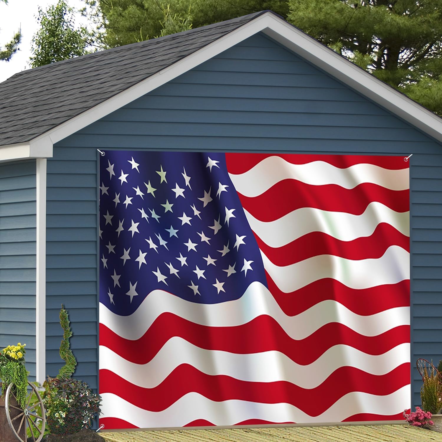 7x8ft American Flag Garage Door Decor Red Blue Star Flag Premium US Flags Garage Door Cover Independence Day Veterans Day 4th of July Patriotic President's Day Garage Door Backdrop