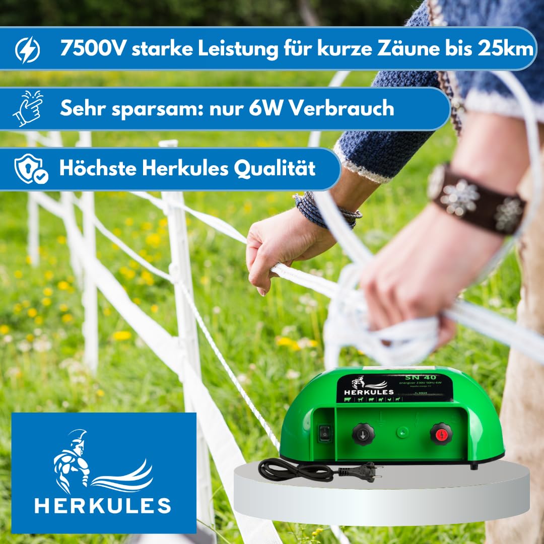 Herkules Weidezaungerät SN 40 - Starkes 230V Netzgerät - Elektrozaungerät für bis zu 25 km Zaun - Weidezaun Stromgerät mit 7500 V Leistung - Robustes Weidegerät für Rinder, Pferde, Schafe & Geflügel