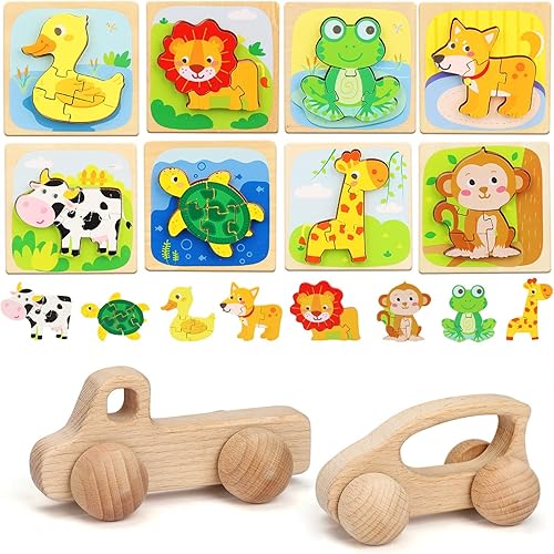 Miniatura 1 de TOY Life Juego de juguetes de madera con 2 autos de madera para bebés, 8 rompecabezas de madera de animales para niños pequeños