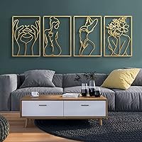 Glamativity 4-Pack Gold Metal Wall Art Decor - Minimalist Woman's Body Abstract Sculpture, Real Iron 3D Effect, 17x11.8 Inch Modern Decor